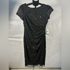 Adrianna Papell Black Sequin Ruched Midi Dress